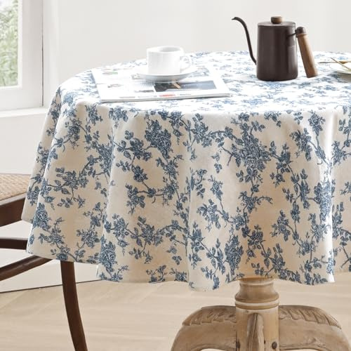 Aoztio 140cm Rustic Floral Print Round Tablecloth, Machine-Washable Cotton Linen Table Cloth, Linen-Style Tablecloths for Kitchen, Dining Table Decoration (Round 140cm, Blue Floral)