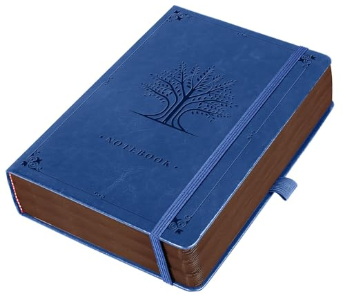 HOMEMARS Anteckningsbok, Notebook, A5, journalbok, resedagbok, linjerad, dagbok, anteckningsblock, anteckningsböcker, 100 gsm, hårt omslag, 320 numrerade sidor, blå, anteckningsbok läder, präglat
