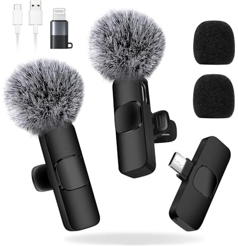 ChicSolis Microfono Lavalier Wireless Mini: 2 Plug-Play Lavalier Microfono Wireless per iPhone Android MacBook Ipad – Microfono a scatto per registrazione video intervista Vlog Live YouTube TikTok