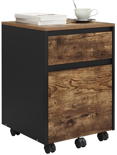 WOLTU Rollcontainer, Aktenschrank mit 2 Schubladen, mobiler Büroschrank, Schreibtisch Unterschrank, Druckerschrank auf Rollen, für Büro Homeoffice, 40x56x40 cm, Vintage-Holzoptik, ASK11hov