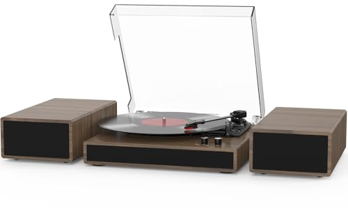 Schallplattenspieler mit dualen Stereo-Lautsprechern, klassischer Plattenspieler mit kabelloser Bluetooth-Wiedergabe und Riemenantrieb, 3-Geschwindigkeits-Wiedergabe, aufnahmefähiger Player