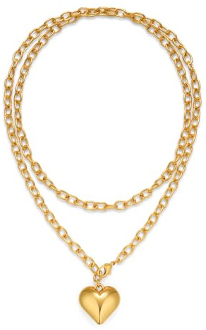 CLASSYZINT Gold Puffy Heart Necklace Layered Choker Necklace Chain Link Necklace with Heart Pendant Boho Long Heart Pendant Necklace