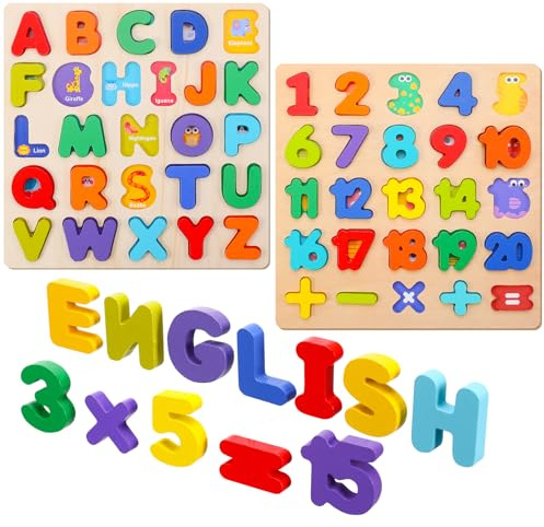 2 Pcs Wooden Alphabet Puzzle ABC Letters and Numbers Jigsaw Blocks Early Learning Educational Toy for 3+ Years Old Toddler Baby Kids