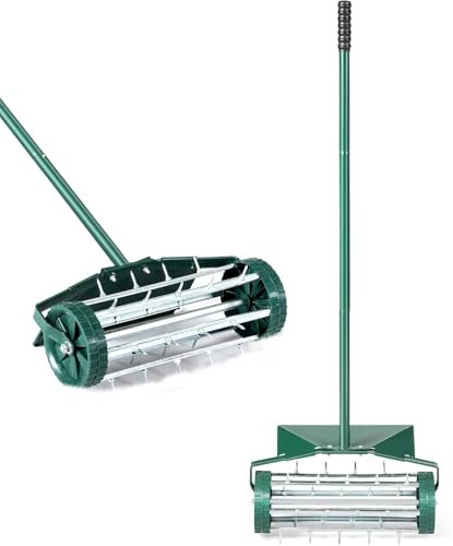 FANTASK Rasenlüfter Walze mit Stiel, Grün Handvertikutierer rollend, Rasenrolle mit 3cm Nägeln & Spritzschutz, Rasenbelüfter manuell 46 x 23 x 127 cm