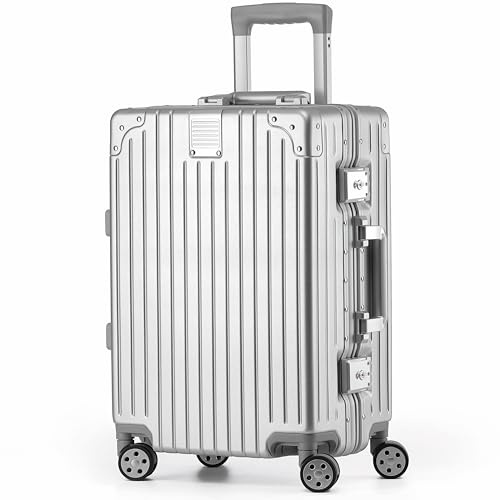 KOFA Zurich Handgepäck Koffer, 55cm Alu-Rahmen & Polycarbonat-Hartschale, Handgepäck Cabin Reisekoffer, Rollkoffer Spinner Carry-on mit 4 Rollen und doppelte TSA Schloss 35L (Silber)