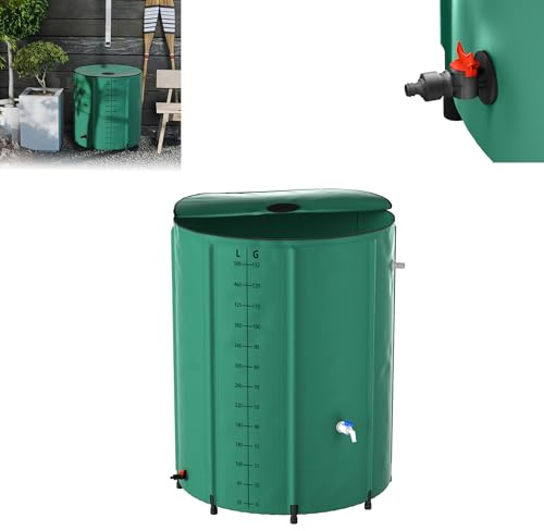 Froadp Depósito de agua de lluvia plegable de 500 l con tapa y escala, lona mate, depósito de agua para riego de jardín, baño de hielo, barril de agua de lluvia, incluye válvula de drenaje (verde)
