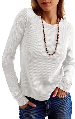 ANRABESS Women's Waffle Knit Tops Fall Long Sleeve Slim Fitted Shirts White