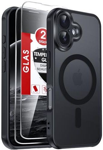 LeYi Funda para iPhone 16 Compatible con MagSafe Magnética, con 2× Cristal Templado, Carcasa Translúcido Esmerilado Grado Militar Antigolpes Case, Negro