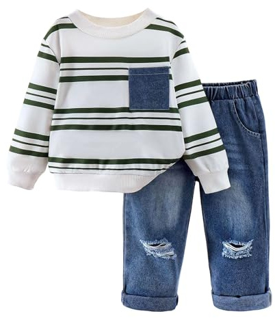 Tuta da ginnastica per bambini 3-7 anni, set completo, 2 pezzi, felpa girocollo a maniche lunghe con stampa a righe e jeans larghi, Y2k, abbigliamento sportivo confortevole, abbigliamento casual per