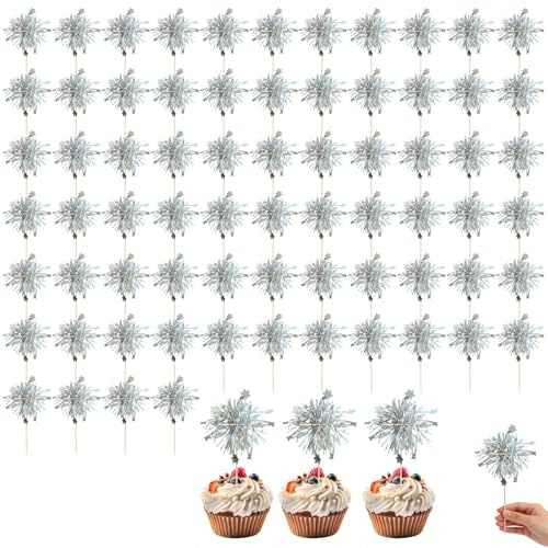 70 pezzi Decorazioni per Cupcake Argento, Cupcake Topper Fuochi d’Artificio in Tinsel, decorazioni torta compleanno argento effetto scintillante inserti cupcake muffin decorazioni dolci feste eventi