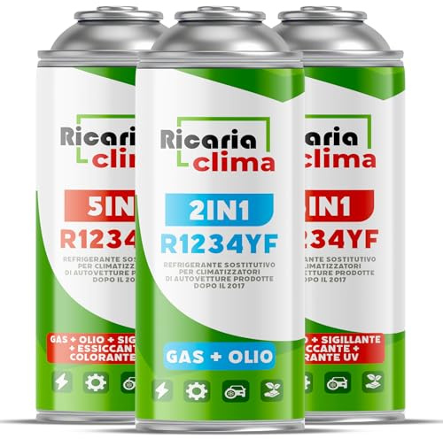 Ricaria Clima – Lot pour Remplissage De Climatisation R1234yf – 1x Gaz R1234yf + 2X R1234yf 5-en-1 XL avec Huile, Stop-Fuite, Traceur UV Et Déshydratant – 3x235 g