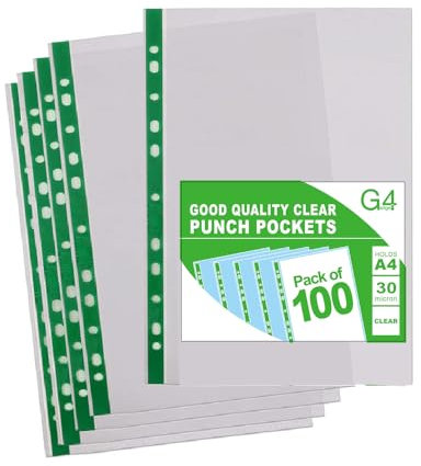 100 A4 Plastic Value Punched Punch Pockets 10-15 Sheets 30 Micron for Folders Filing Wallets Sleeves