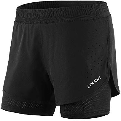 Lixada 2-in-1-Laufhose für Damen Schnell trocknend Atmungsaktiv Aktiv-Training Jogging-Radsport-Shorts mit längerem Innenschuh