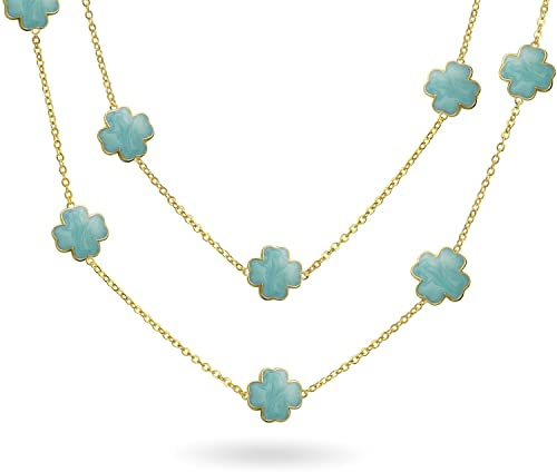 Bling Jewelry Aqua Azul Flor Larga Chapado En Oro Esmalte Nacarado Estación Cadena Envolver Capa Trébol Collar Para Mujer 40 Pulgadas