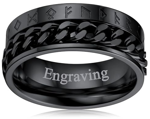 FaithHeart Engraving Custom Gothic Black Chains Rings Viking Jewellery Norse Runes Amulet Anxiety Rings Stainless Steel Fidget Ring for Family Partners Size Z+1