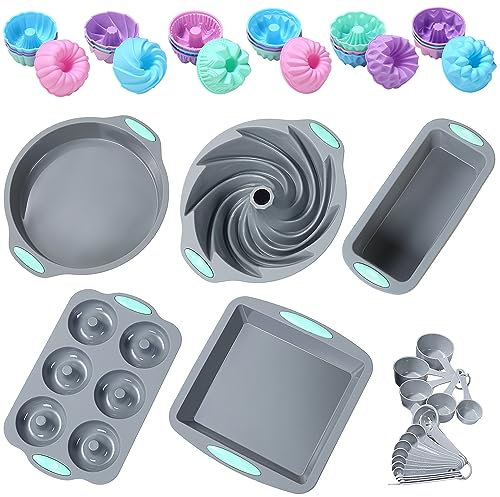 Tongjude 46 Piece Silicone Bakeware Set, Non-Stick Kitchen Oven Baking Pans, Silicone Cake Molds with Cake Pan, Chiffon Cake Pan, Donut Pan, Square Cake Pan and Loaf Pan