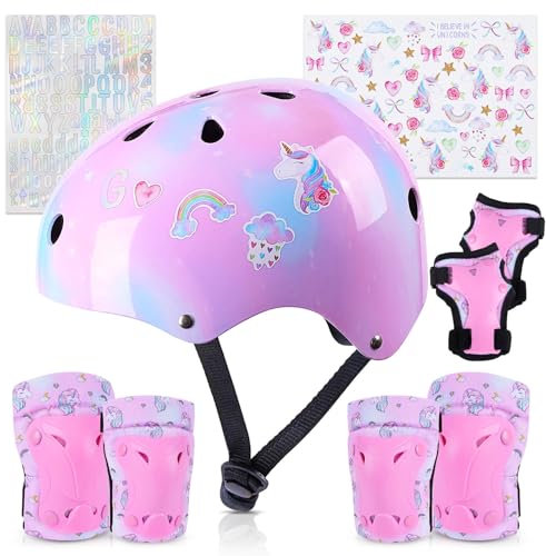 Barnhjälm, cykelhjälm för småbarn med gör-det-själv-klistermärken, enhörningsklämmor och armbågsskydd, justerbar, skyddsutrustning, set för flickor i åldern 3–5–8 år, lämplig för rullskor,