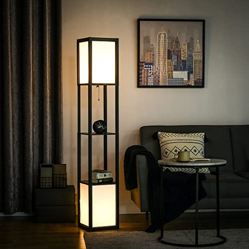 HOMCOM Lámpara de Pie de Madera con Estante de Almacenaje para Bombilla E27 Potencia Máx. 40W Lámpara Moderna para Salón Dormitorio 26x26x156 cm Negro y Blanco