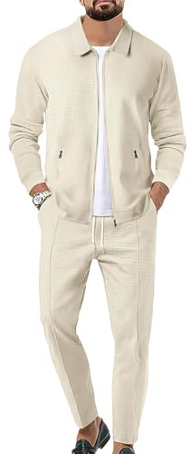Uomo Tute da Ginnastica Waffle Manica Lunga Cerniera Giacca & Pantaloni Set di 2 Pezzi Beige per Casual Sport Lavoro, L