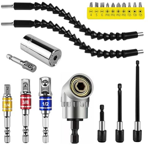 21 Stück Winkelaufsatz für Akkuschrauber Set,105° Winkelschrauber,1/4 Magnetische Bohrer Verlängerung,1/4 3/8 1/2Stecknuss Adapter, Winkelgetriebe Akkuschrauber, für Garage, Bauarbeiter