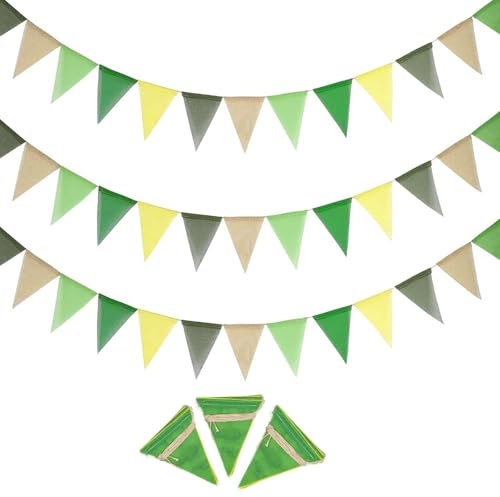 FLEXNOVA Wimpelkette Outdoor Grün, 3 Stück 4M x12 Flaggen Wimpelkette Girlande Outdoor Wetterfest, Wimpelgirlande Wimpelkette Grün Stoff Kinderzimmer Musselin für Hochzeit Geburtstag Babyparty