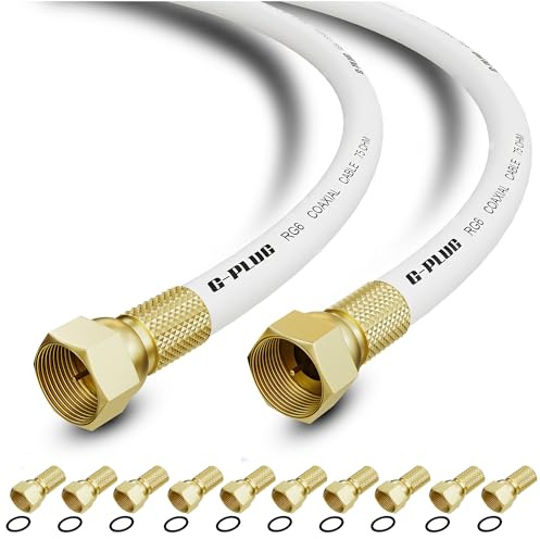 G-PLUG 30m RG6-koaxialkabel, TV-antennkabel och satellitkabel, F-kontakter | Fyrdubbelskärmad 75 Ohm-kabel upp till 3 GHz; 10 extra F-kompressionskontakter för DVB-S2, DVB-C, DVB-T2 och kabelmodem, Vit