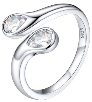 Silvora Anillo Mujer Circonita Brillante Corte Pera Plata de Primera Ley 925 Banda Fino Talla Ajustable Piedra Diamante Sintético Regalo Compromiso Pareja Novia Esposa Prometida