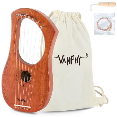 Lyre Harp VANPHY Lyre Harp 7 Strings Mahogany Body Metal String for Beginner Harps Classical Style Harp Instrument with Tuning Wrench Strings Gig Bag (Wood)