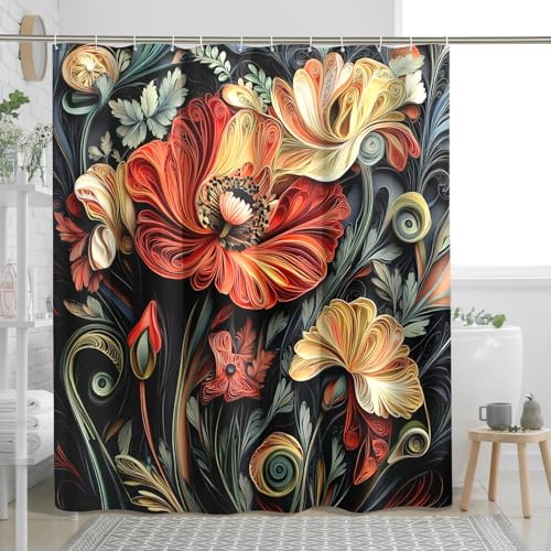 Paper Quilling Poppy Shower Curtain Set, 3D Cool Floral Shower Curtain, Spring Flower Bathroom Accessories, Printed Pattern Decorative -62 * 72