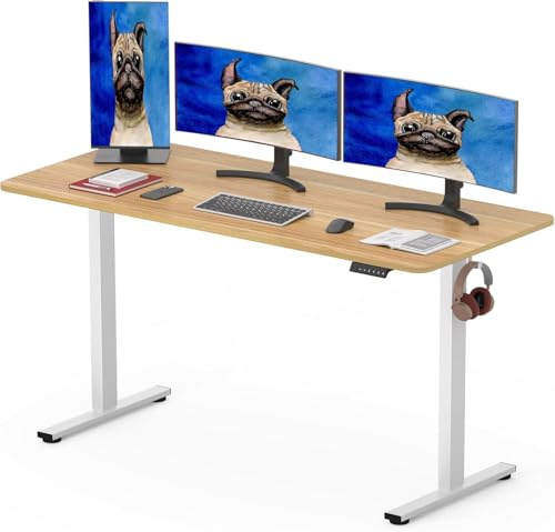 SANODESK Elektrisch Höhenverstellbarer Schreibtisch 160 x 80 cm mit EINTEILIGER TISCHPLATTE, höhenverstellbar mit 4 Memory-Voreinstellungen, intelligentes Panel und Haken (Ahorn)