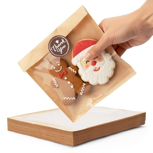 Bake Choice 100 Bolsas de Papel con 120 Pegatinas, 14 x 16 cm, Bolsas para Galletas envueltas Individualmente, Termosellables y Resistentes a la grasa, con Ventana de Visualización