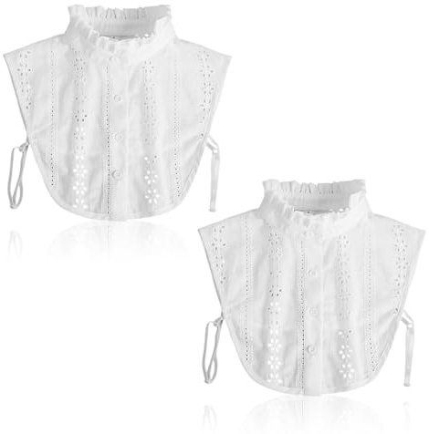 FUIPVGI 2 Piezas Cuello Falso Desmontable Collar Falso de Dama Falsa Media Camisa Mitad Camisa Desmontable Camisa Mujer Cuello Camisa Falsos Mujer Collar Falso Algodón, Talla única (Blanco)