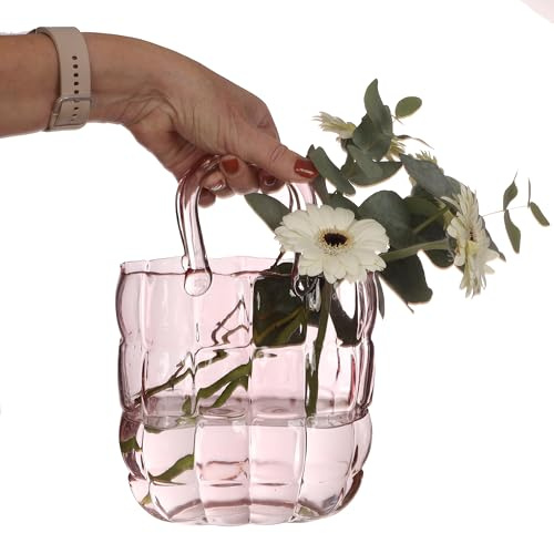 Comforder Glas Vase, Design Blumenvase– Glas Handtasche für Blumen (19x11x28 cm) – Dekorative Glasvase, Moderne Tischdeko Hochzeit (Rosa)