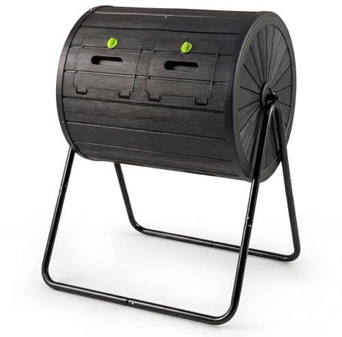 GOPLUS Compostador de Doble Cámara, Contenedor de Compostaje de Exterior de 142 L con 2 Puertas Bloqueables y Soporte Metálico, Compostador sin BPA Giratorio de 360° para Desechos de Jardín (Negro)