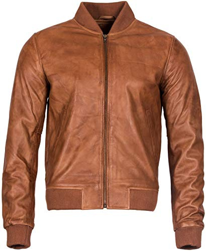 Infinity Leather Giacca Bomber da Uomo retrò in Tessuto Marrone Chiaro Varsity 2XL