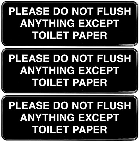 Excello Global Products Lot de 3 panneaux en plastique avec symboles « Please Do Not Flush Anything Except Toilet Paper » - Facile à monter - 22,9 x 7,6 cm - Noir