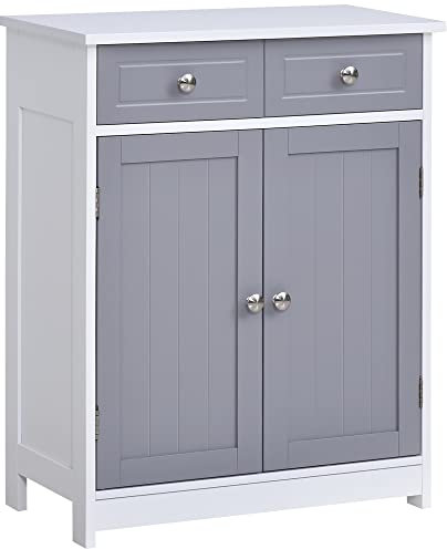kleankin 75x60cm Freestanding Bathroom Storage Cabinet Unit w/ 2 Drawers Cupboard Adjustable Shelf Metal Handles Traditional Style Grey White