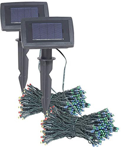 Lunartec Lichterketten bunt: 2er-Set 4-farbige Solar-LED-Lichterketten mit 100 LEDs und Timer, 10 m (Solarleuchte-Lichterkette, LED-Solar-Lichterkette (RGBW), Weihnachtsbaumkerzen)