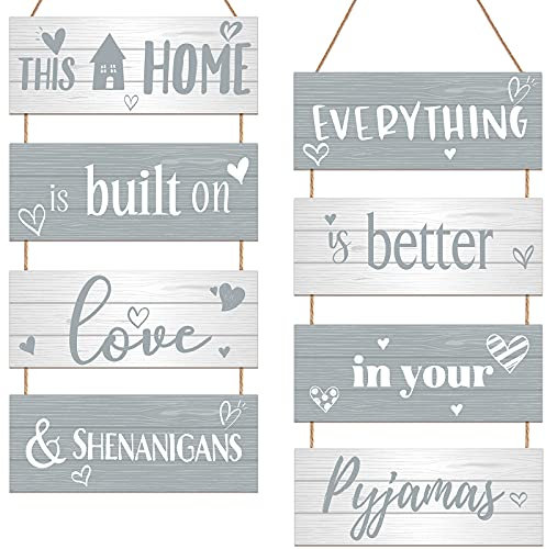 Jetec 2 Sets This Home Is Built on Love and Shenanigans Hanging Wood Sign Everything Is Better in Pajamas Hanging Door Decor Sign Wooden Wall Decoration for Hallway Living Room Bedroom Indoor Outdoor