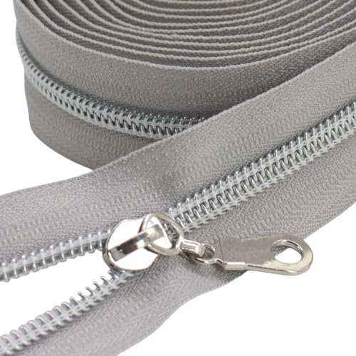 YaHoGa Cremallera sin fin, 9 m, color plateado, venta por metros, color gris, espiral de 6 mm + 25 cremalleras no bloqueadas (gris plateado)