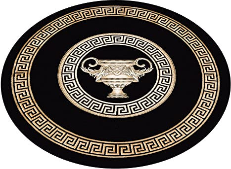 Runder Teppich in schwarz gold 150 Durchmesser Mäander Amphore Muster mit Fransen Wohnzimmer Schlafzimmer Flur Rund - Kurzflor 100% Viskose weich rutschfest öko tex - schwarz gold, 150 cm, Rund