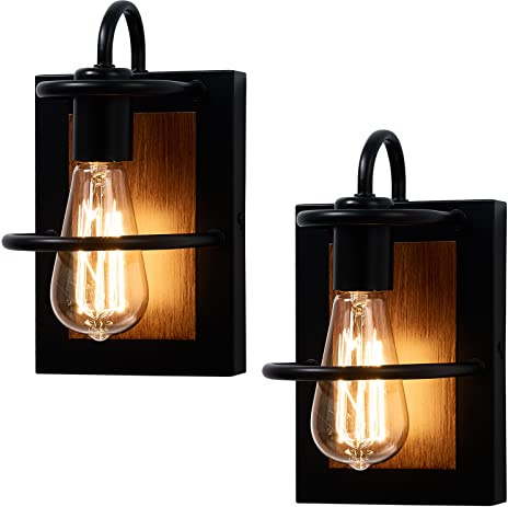 Farmhouse Wall Sconces Lamp Set of Two,Modern Industrial Wall Sconces Lighting Indoor with E26 Base Faux-Wood Color Matte Black Finish,Vintage Wall Mount Light Fixture for Bedroom Living Room Stairway