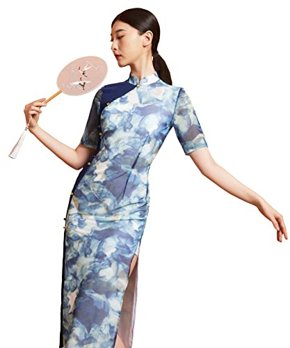 ROYAL SMEELA Cheongsam Qipao Mujer Vestido de Fiesta Vestido Cheongsam Azul Cheongsam Impreso Manga Corta Vestidos Tradicional China para Mujer Vestido Estilo Chino Oriental impresión Vestido Qipao