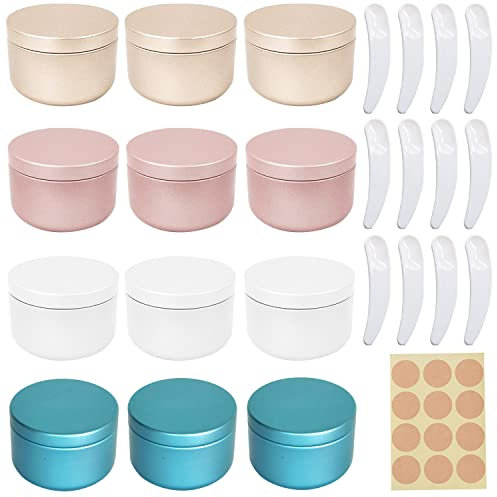 12 Pièces 50 ML Pots En Aluminium Pot Bougie Vide Petits en Aluminium Boite Metal Voyage Pots Cosmétiques Vide avec Spatule et Rondes Autocollants d'Étiquettes pour Maquillage Crème Baume à lèvres