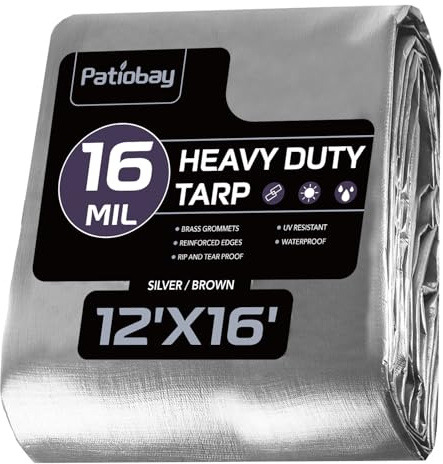 Patiobay Large Tarp 12x16 FT 16 Mil Heavy Duty Waterproof Tarps Silver