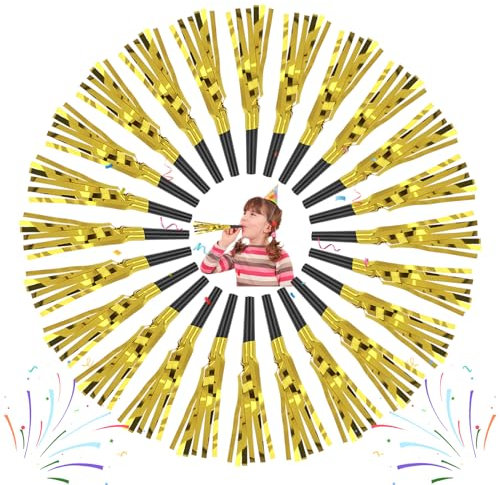 ASTER 24 Stück Party Krachmacher, Gold Partytröten Luftrüssel, Glitzer Blowouts Partytröten Geräuschmacher, Party Tröte für Geburtstag Sportveranstaltungen Neujahr Weihnachten