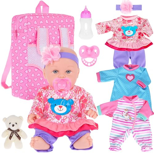 ebuddy 30cm / 12 inch Baby Doll with 3 Set Clothes Backpack and Accessories include Nipple, Feeding Bottle, A Bear Toy for Age 3+ Years Old Kids Gift (Include Doll)