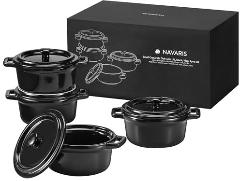 Navaris Set 4 Cocotte Monoporzione da Forno - Piccole Pirofile Rotonde con Coperchio Ø 13,5cm - Terrine in Grés Porcellanato - Mini Cocotte Impilabili per Porzioni Singole - Nero