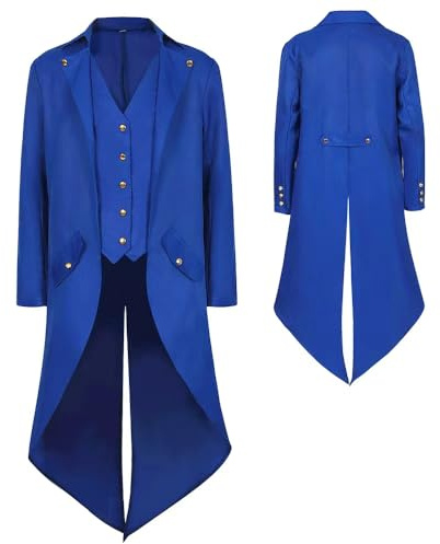 YQVGFBY Frac gótico steampunk para hombre, chaqueta medieval victoriana vintage, uniforme largo, esmoquin renacentista, pirata, vampiro, fiesta, cosplay, disfraces para hombres adultos, azul, L