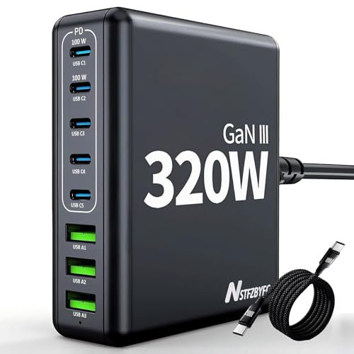 USB C Ladegerät Mehrfach 320W GaN III 8 Ports Schnellladegerät mit PPS & PD 100W, 5 USB and 3 USB A Charger, Schwarze USB C Ladestation Netzteil für MacBook/Laptop/iPad